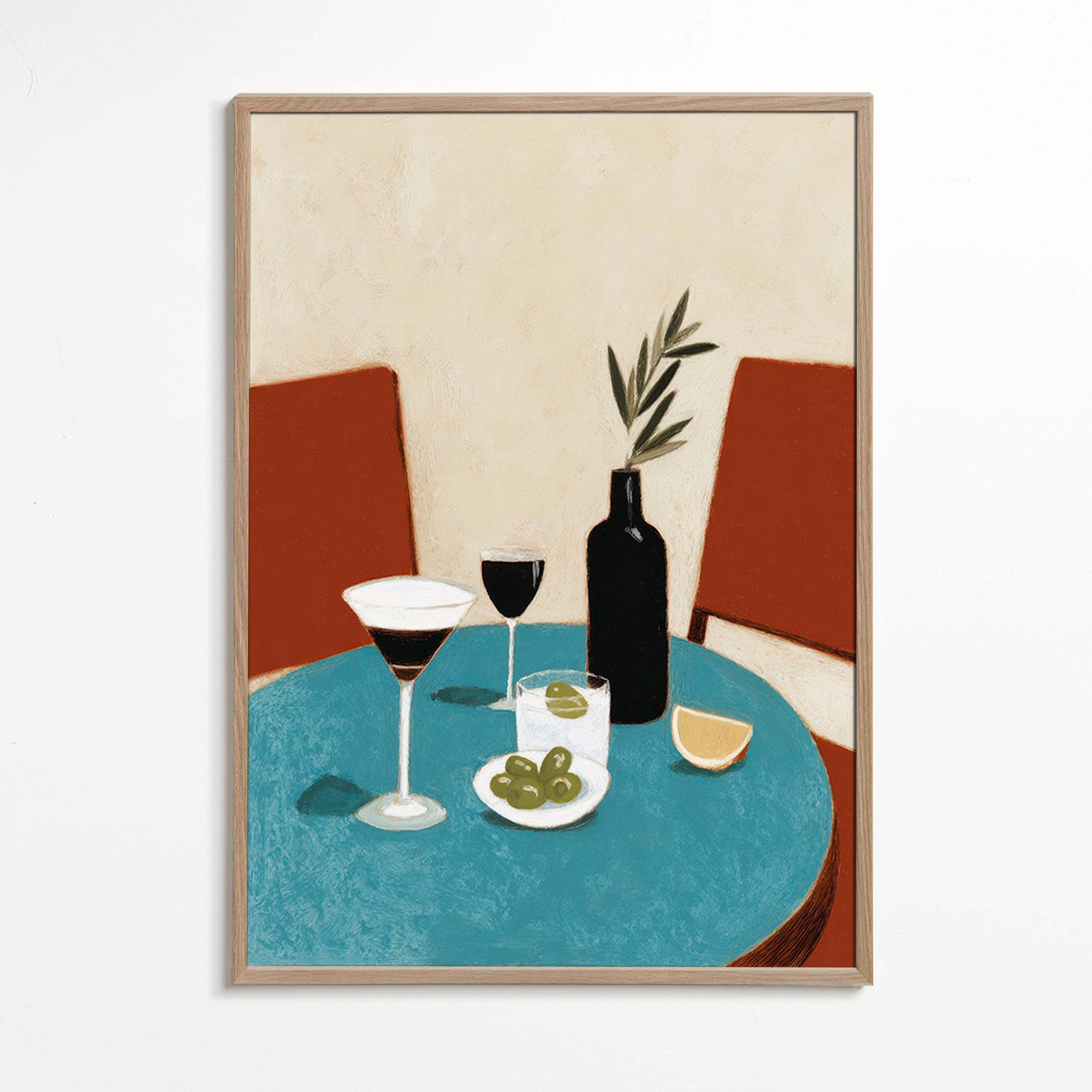 Cuadro de cocina con aperitivo sobre mesa azul – Oak Frame