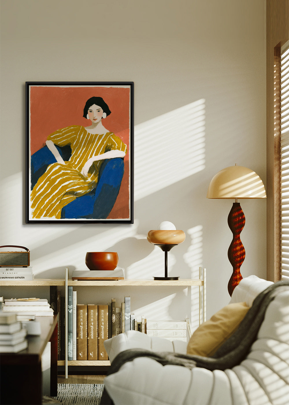 Ilustración: mujer con vestido dorado a rayas – Canvas2