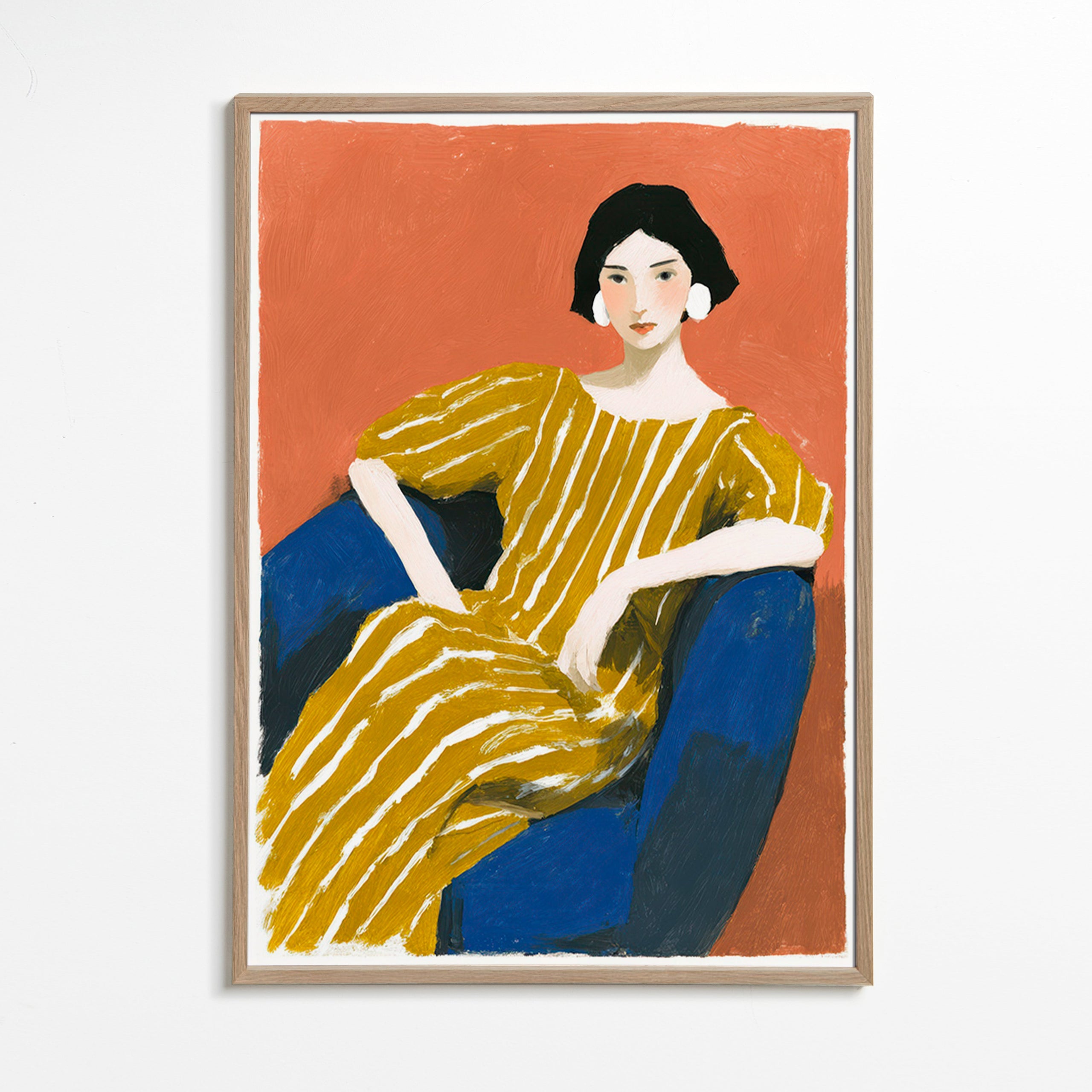 Ilustración: mujer con vestido dorado a rayas – Oak Frame