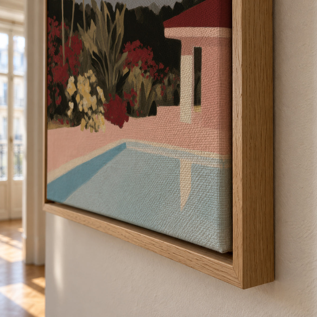 Pink Garden Pool - Framed canvas detail