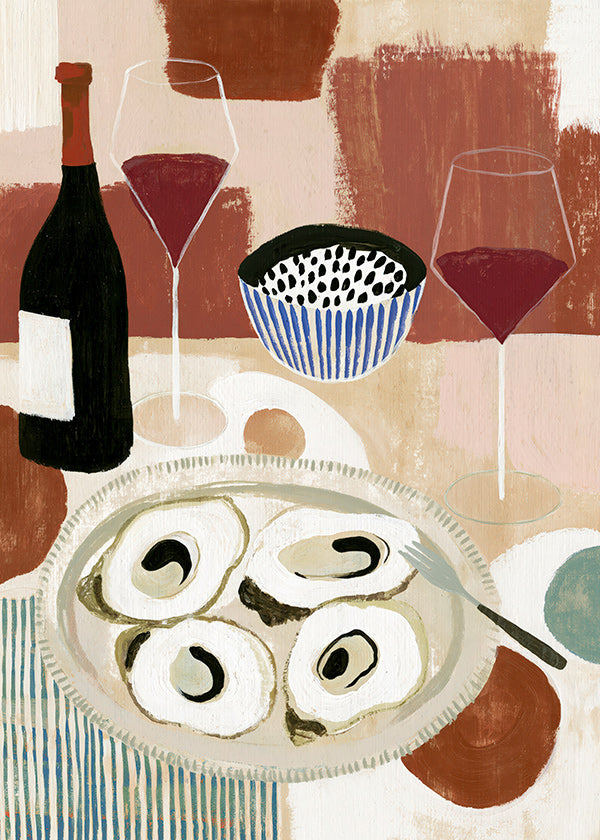 Kitchen art: oyster still life with wine
