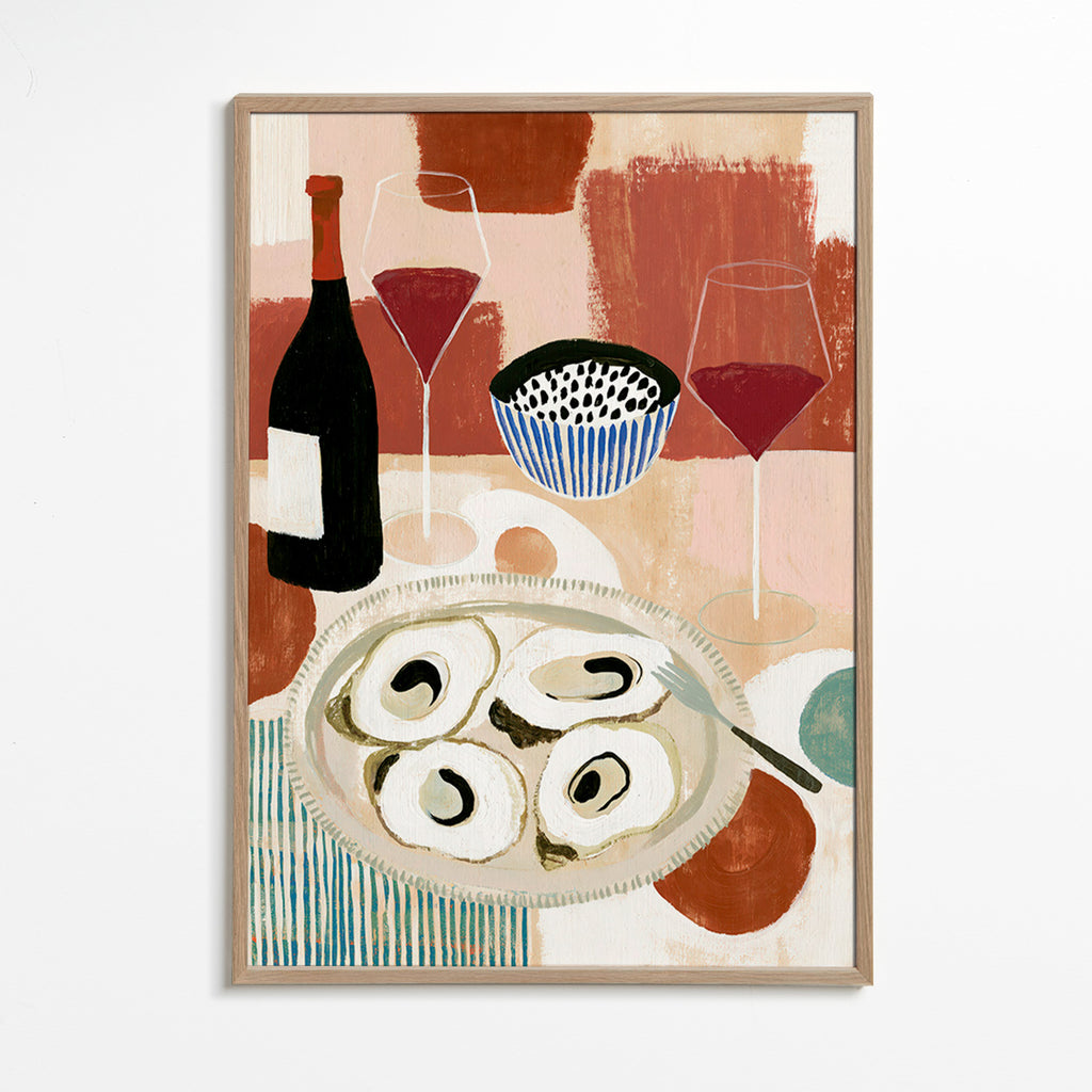 Kitchen art: oyster still life with wine