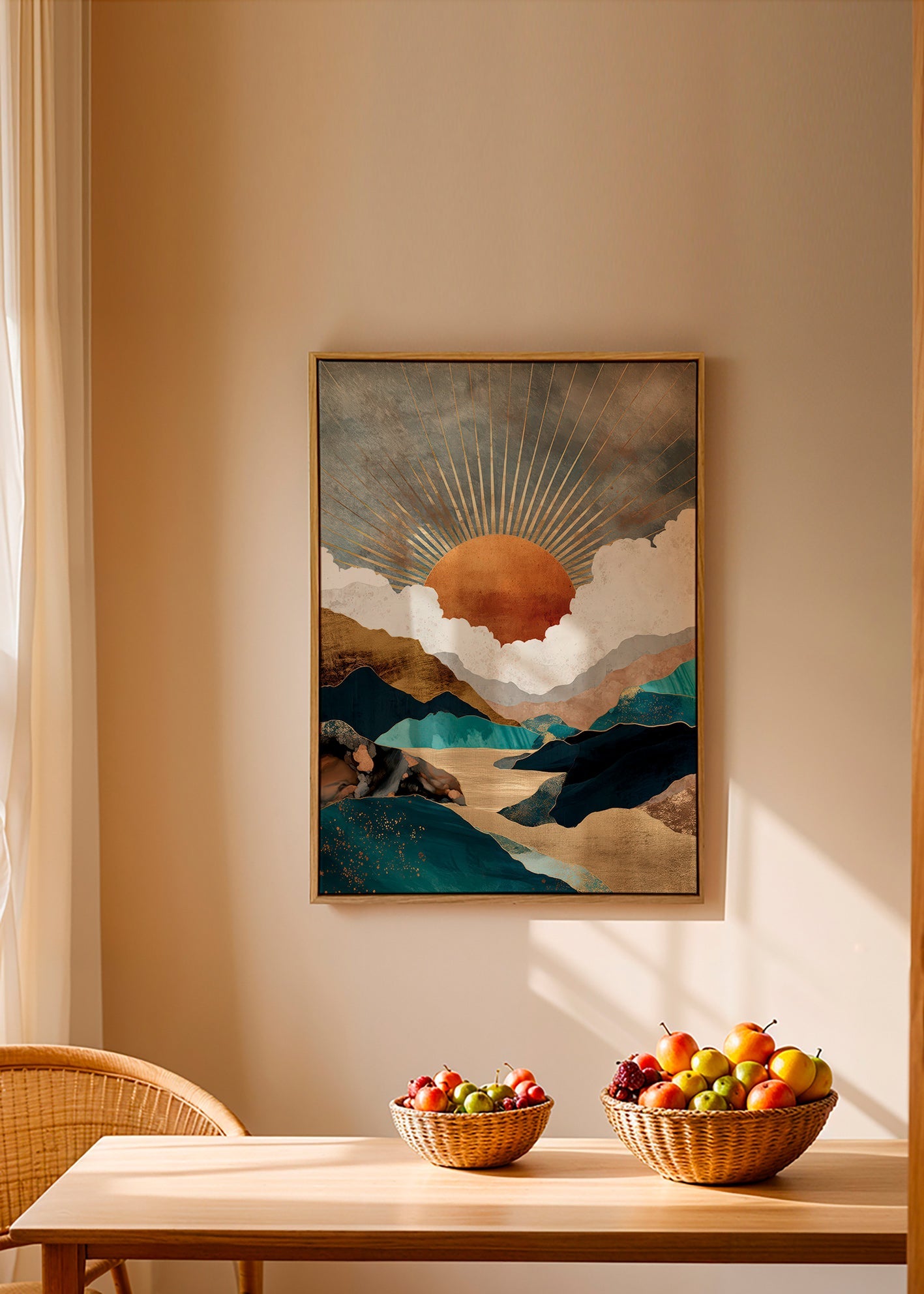Landscape art: golden sun over abstract mountains