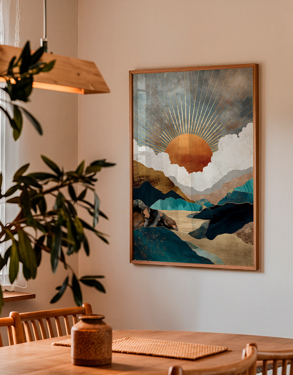 Landscape art: golden sun over abstract mountains