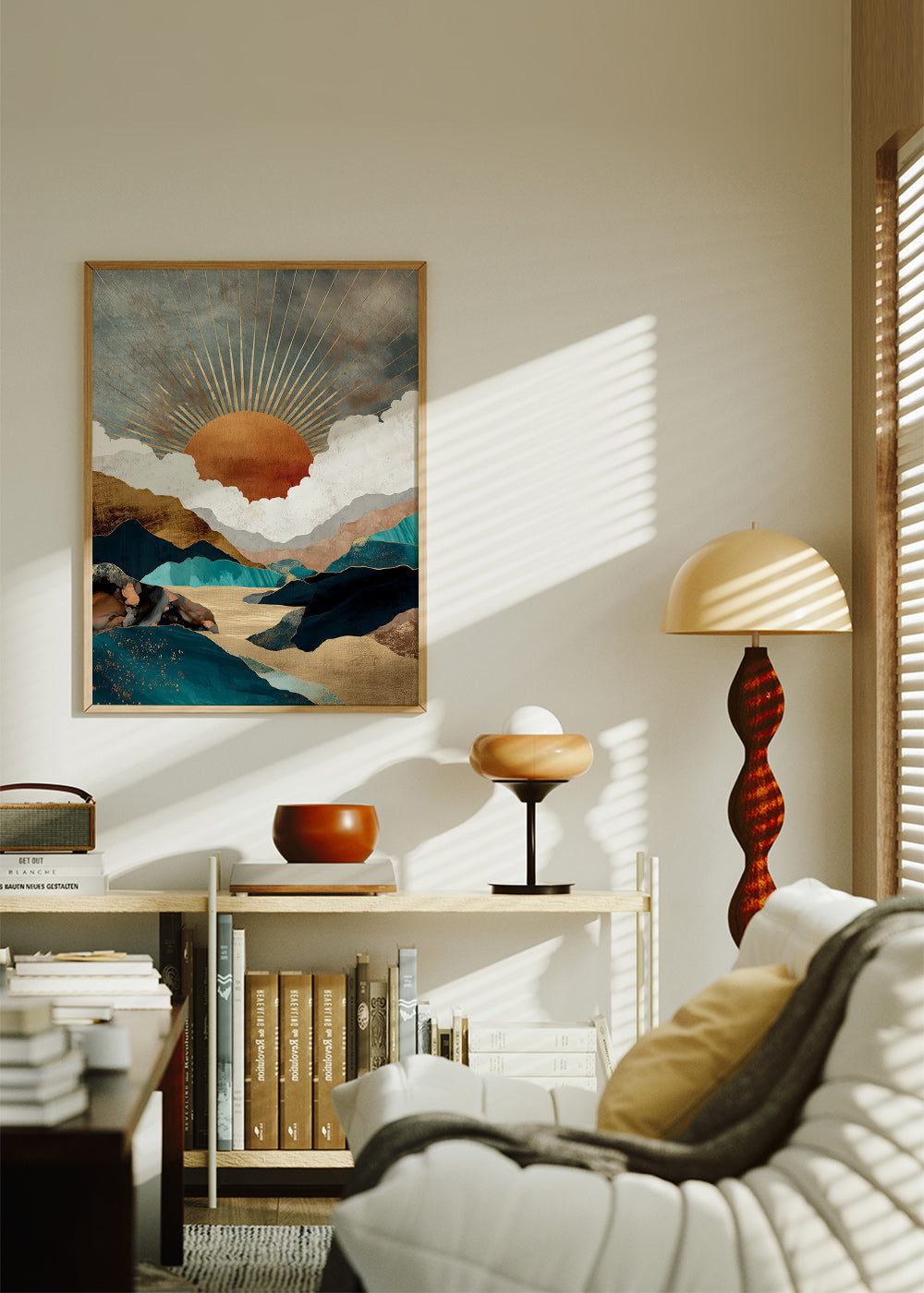 Landscape art: golden sun over abstract mountains