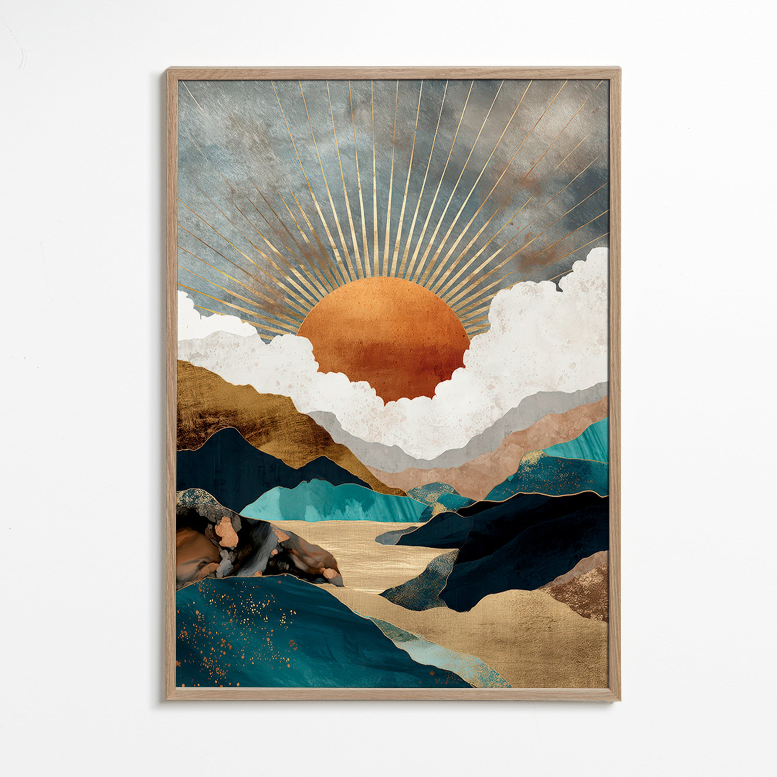 Landscape art: golden sun over abstract mountains