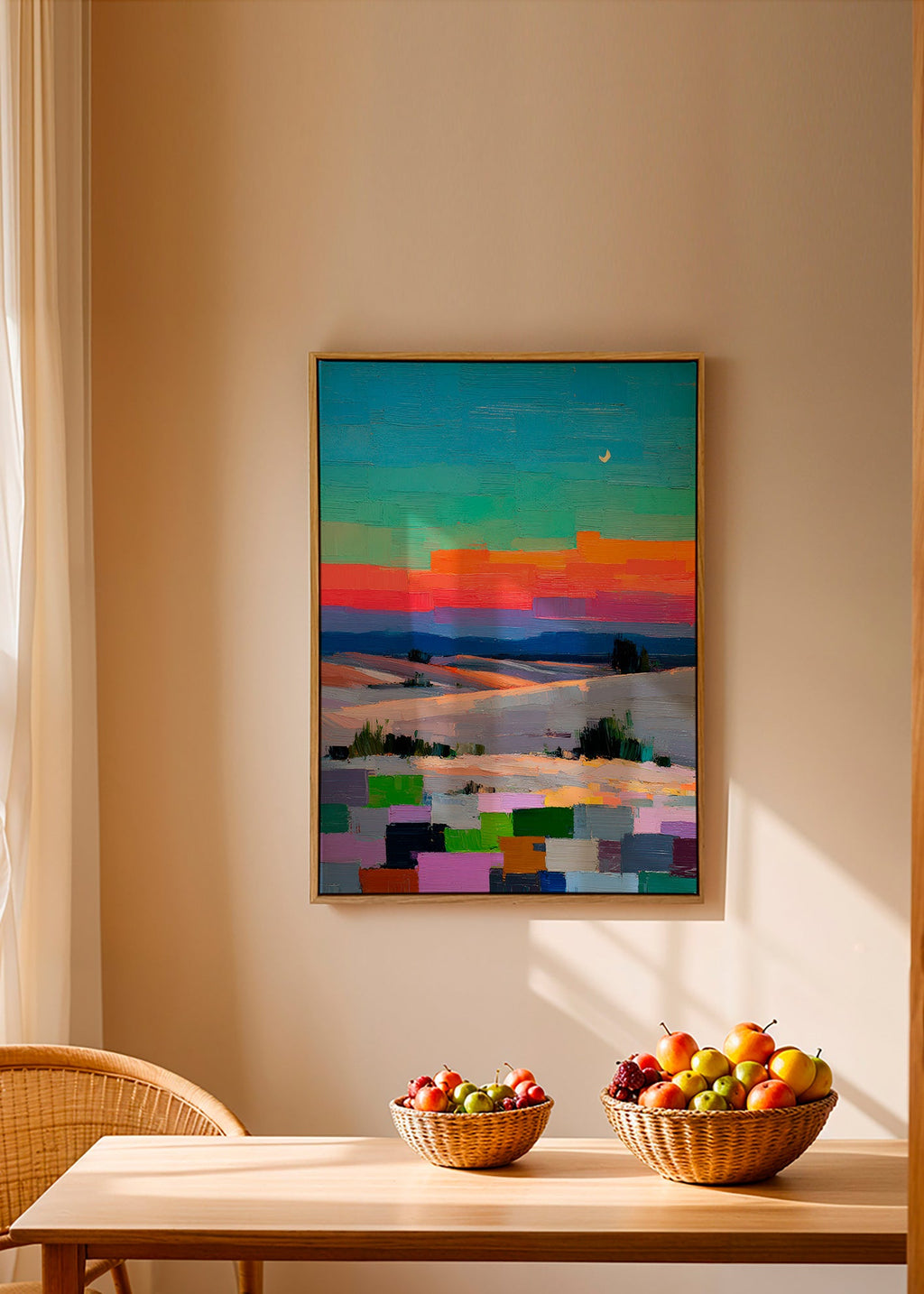Colorfield landscape art with moon