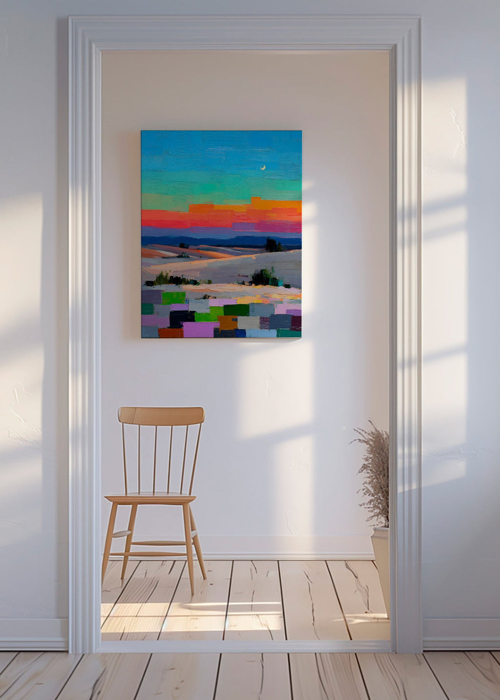 Colorfield landscape art with moon