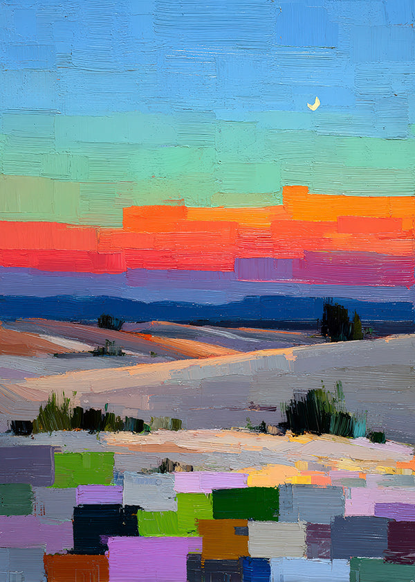 Colorfield landscape art with moon