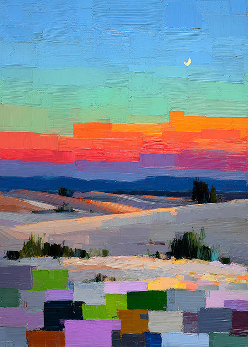 Colorfield landscape art with moon