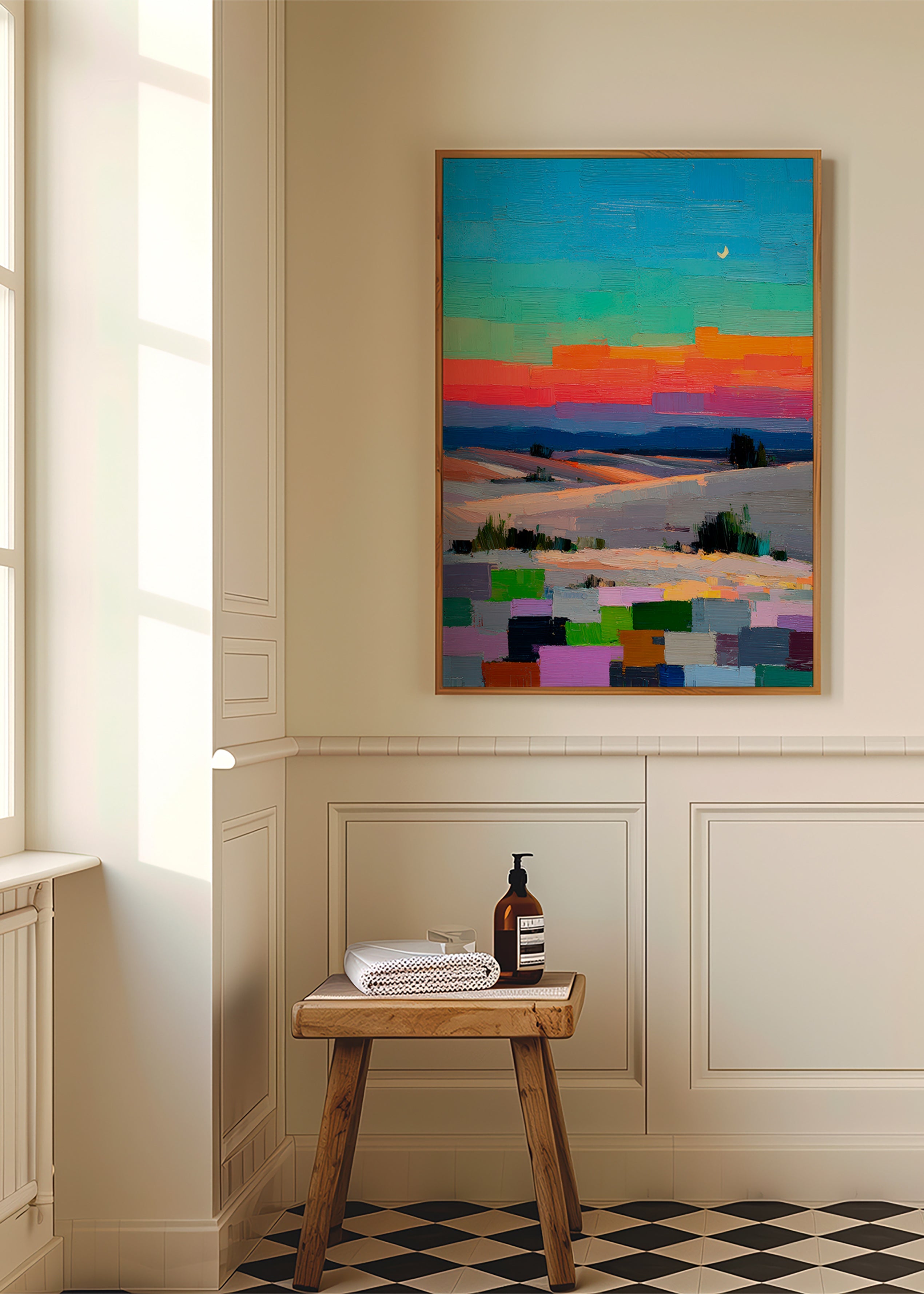 Colorfield landscape art with moon