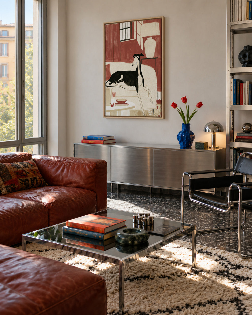 Afternoon with Whippet - Framed canvas in an interior