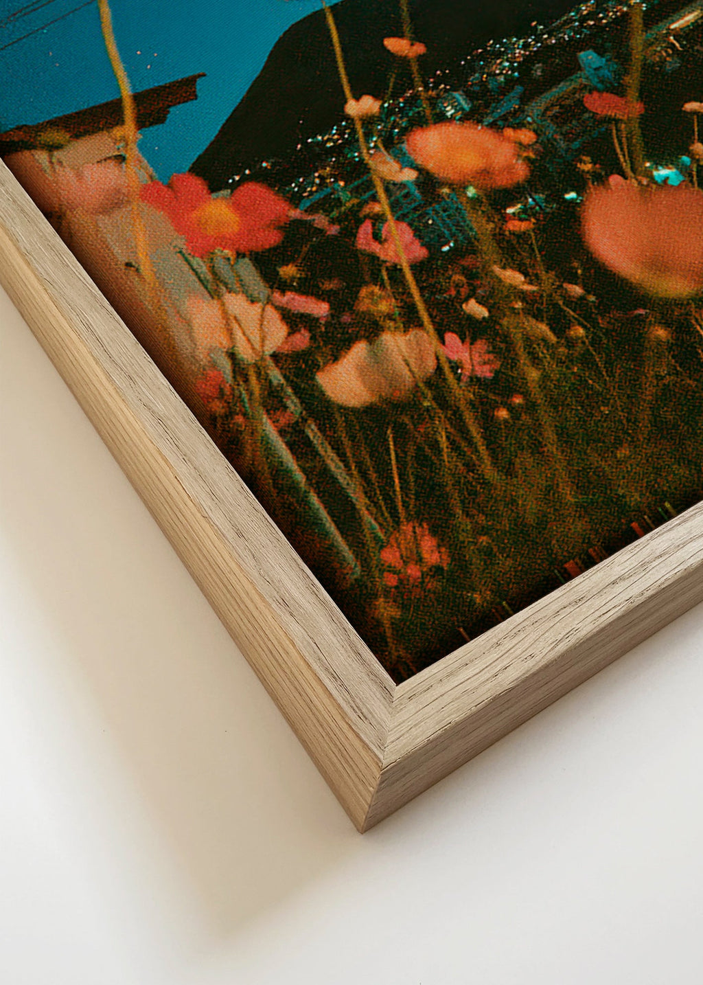 Botanical print wildflowers over city at dusk