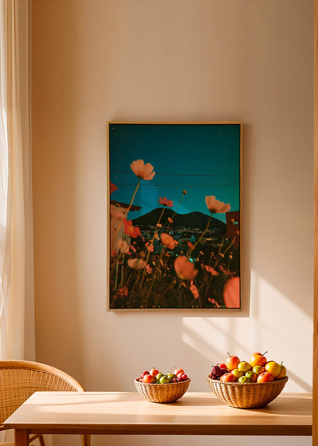 Botanical print wildflowers over city at dusk