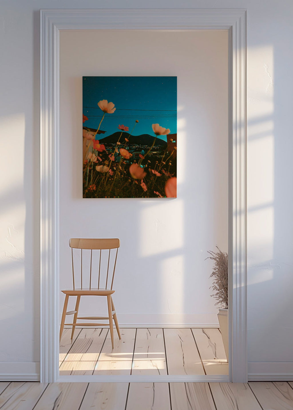 Botanical print wildflowers over city at dusk