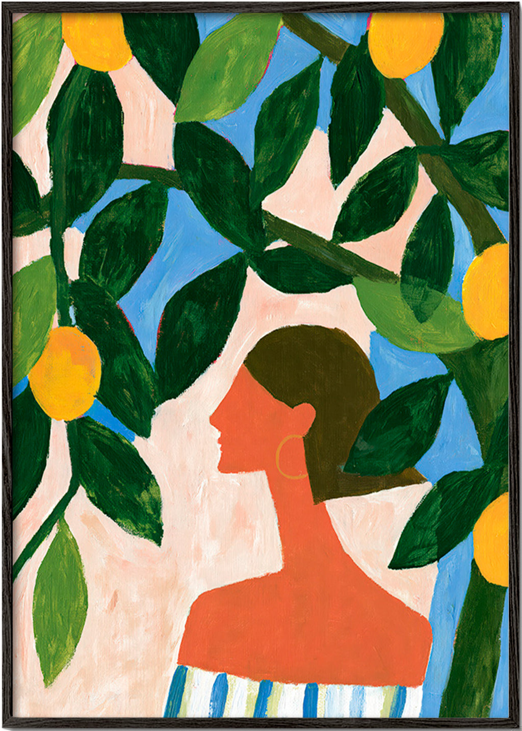 Botanical print with lemon branches and profile