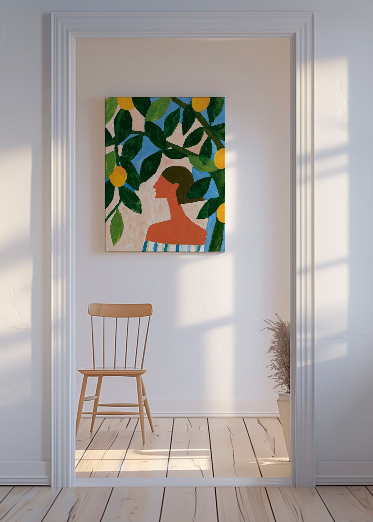Botanical print with lemon branches and profile