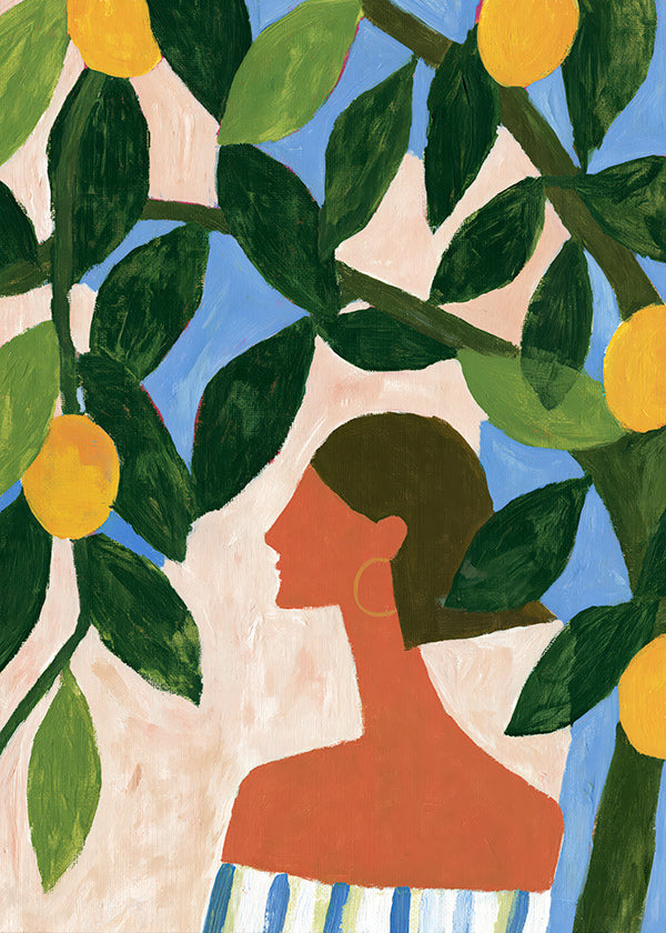 Botanical print with lemon branches and profile