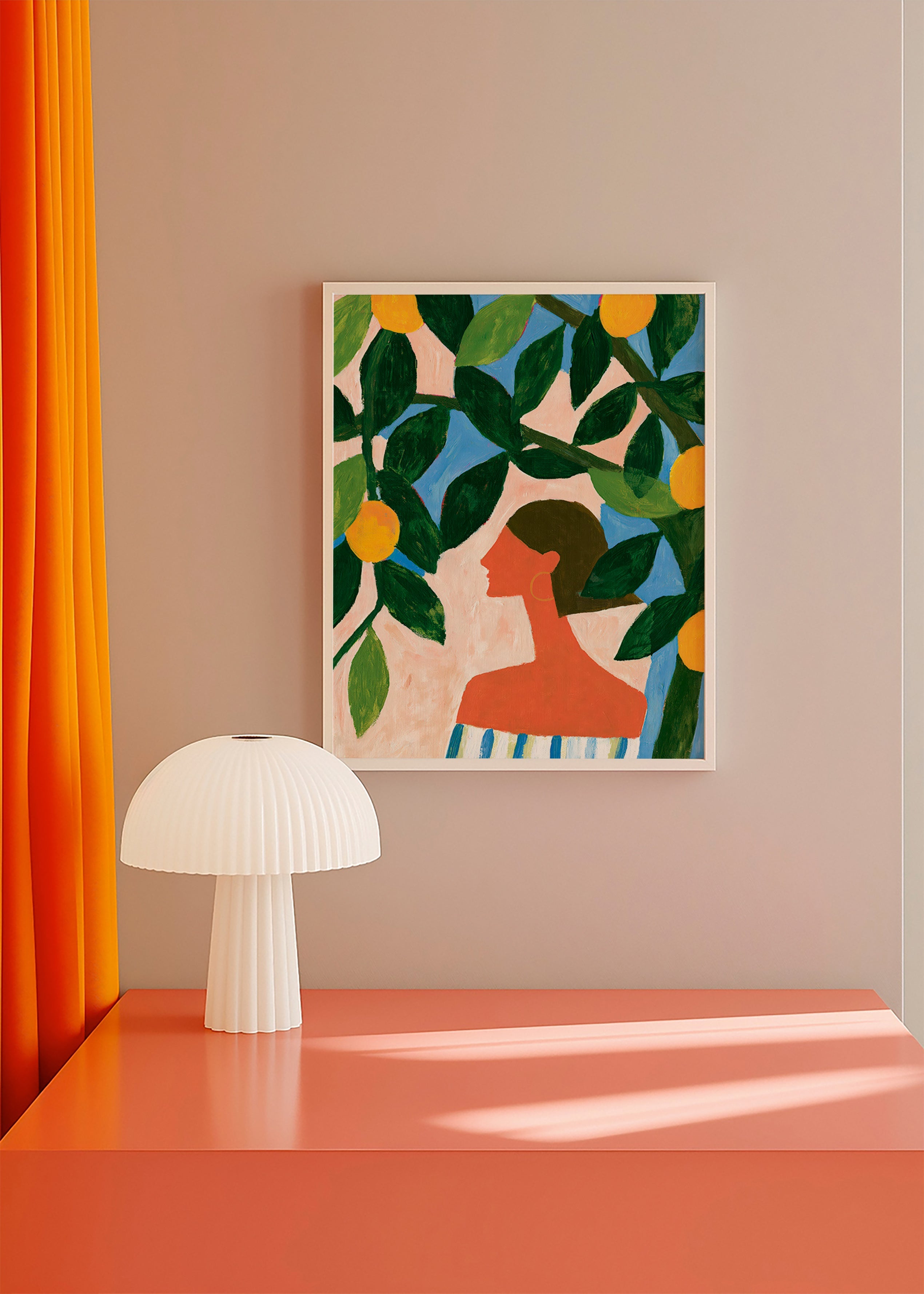 Botanical print with lemon branches and profile