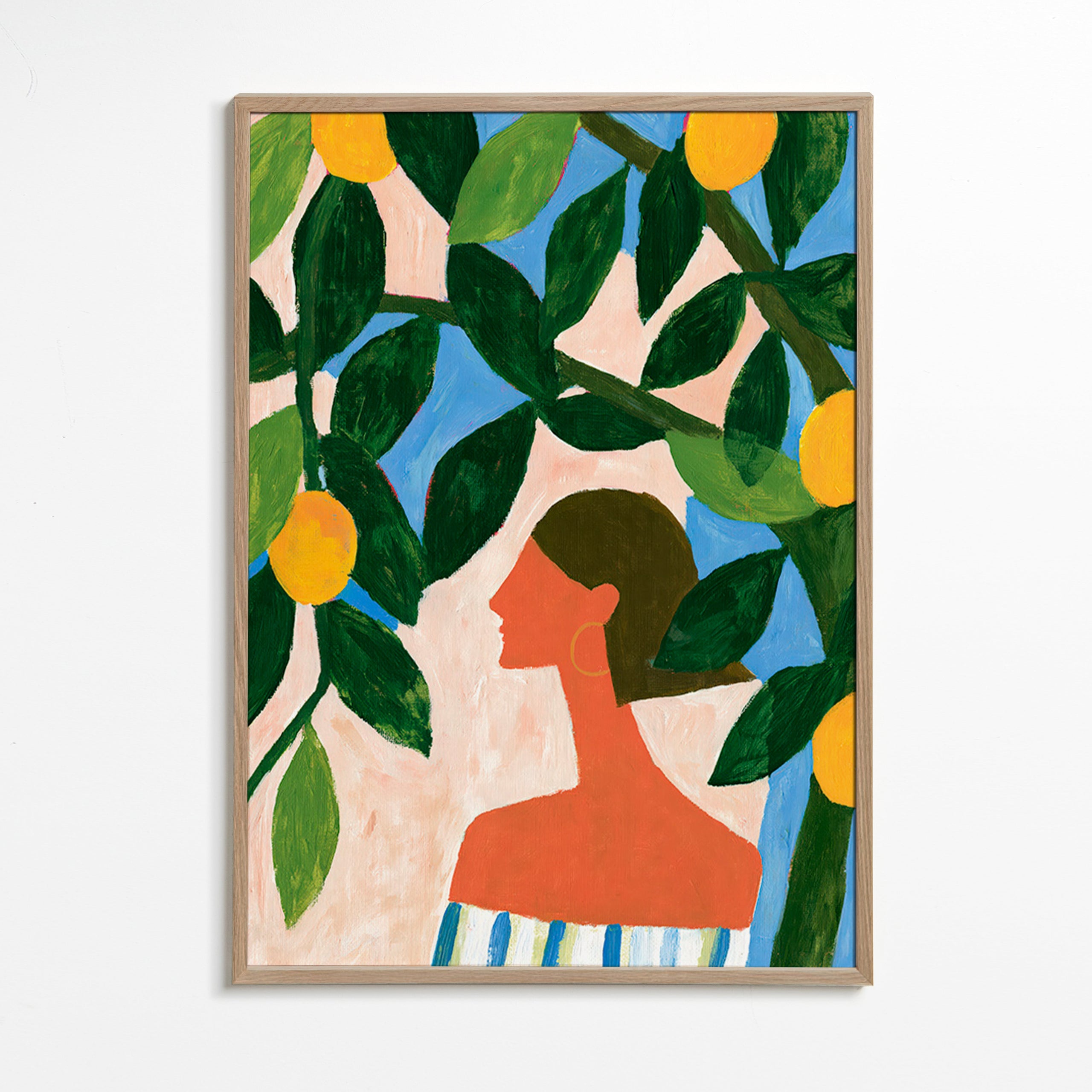 Botanical print with lemon branches and profile