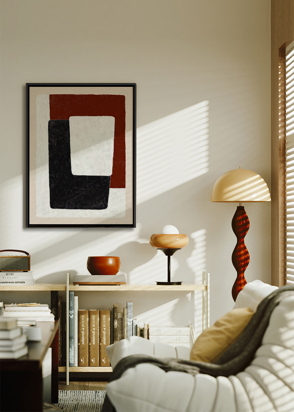 Abstract artwork terracotta and black blocks