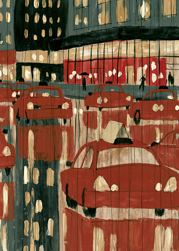 City art: red taxis with night reflections