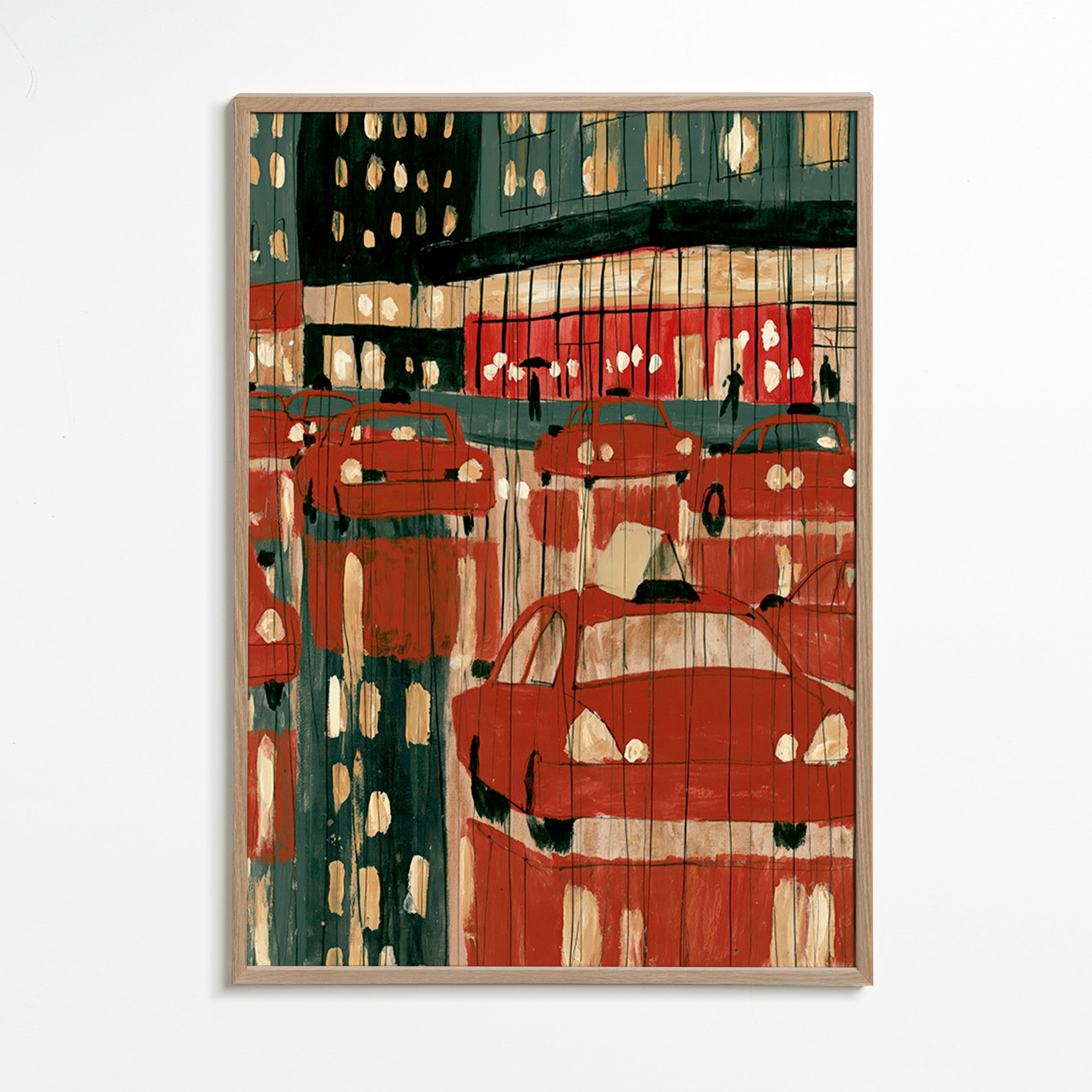 City art: red taxis with night reflections