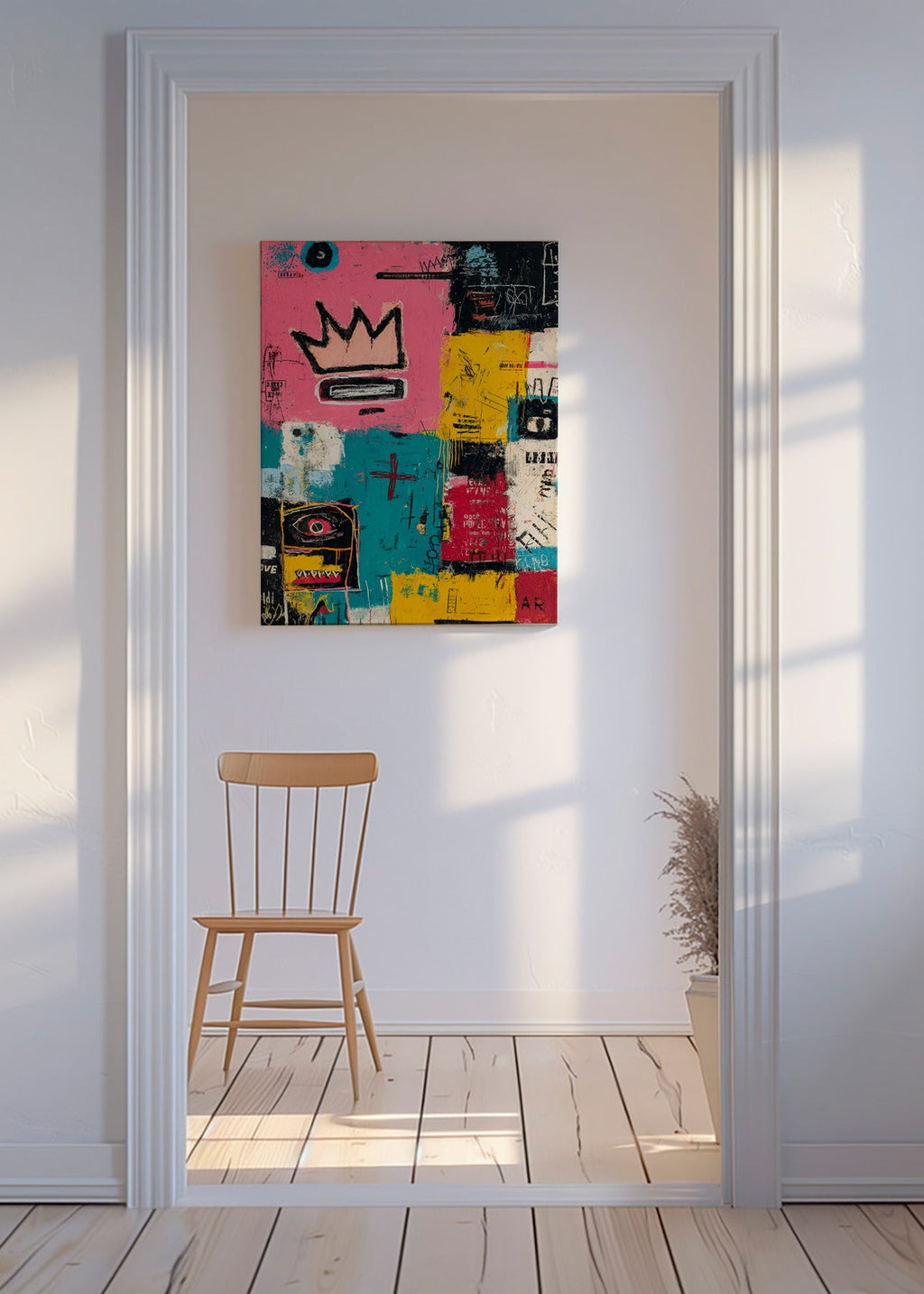 Abstract artwork with crown and color blocks