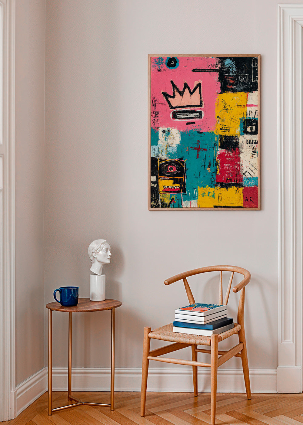 Abstract artwork with crown and color blocks