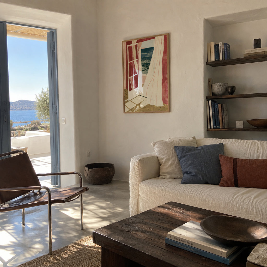 Open Window to Sea - Framed poster in an interior