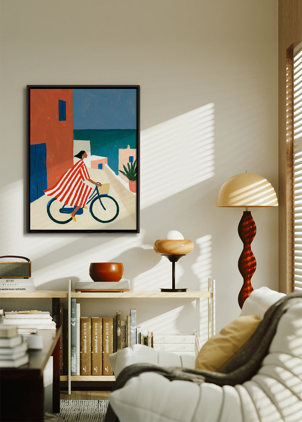 Landscape art with cyclist by the sea