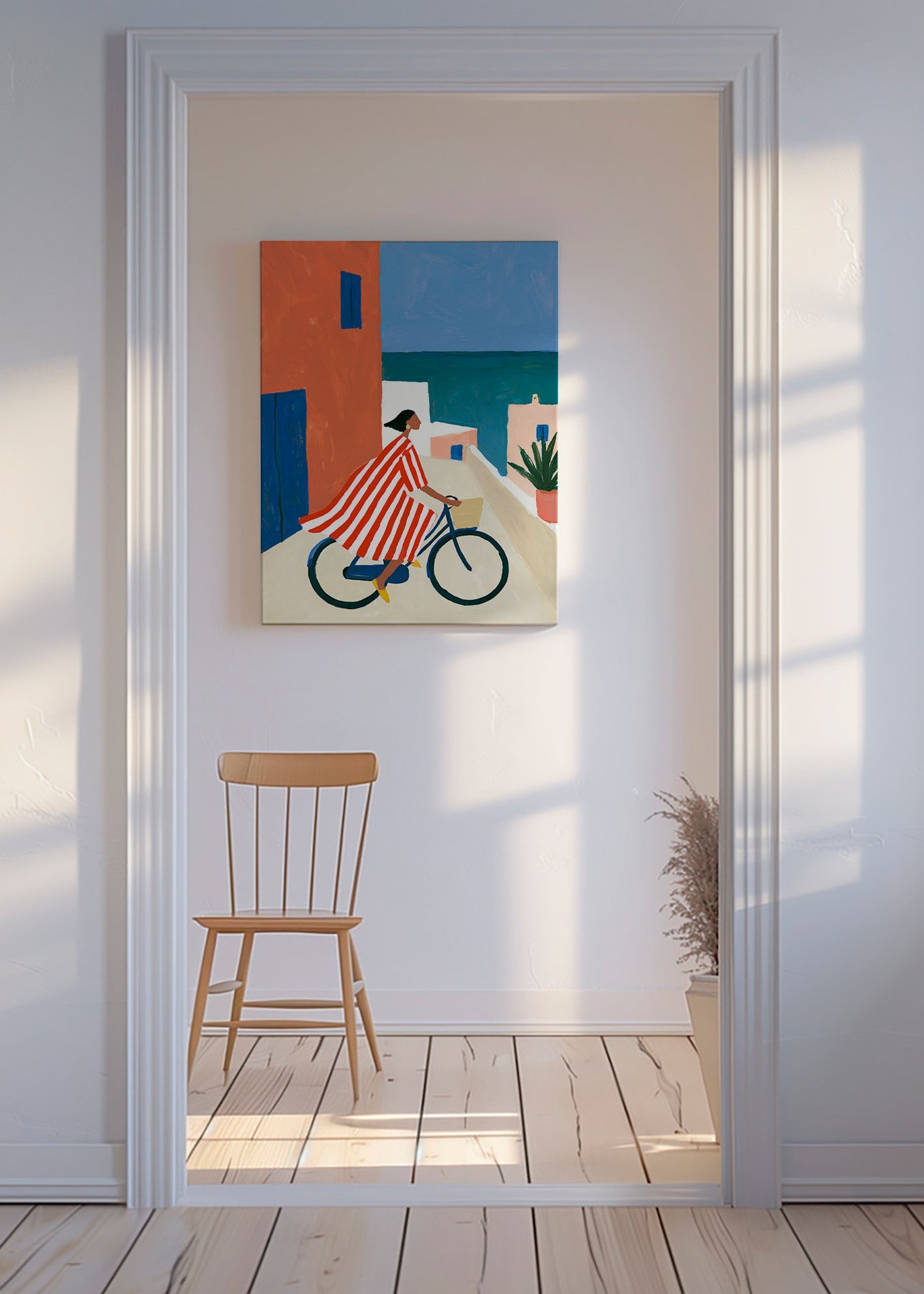 Landscape art with cyclist by the sea