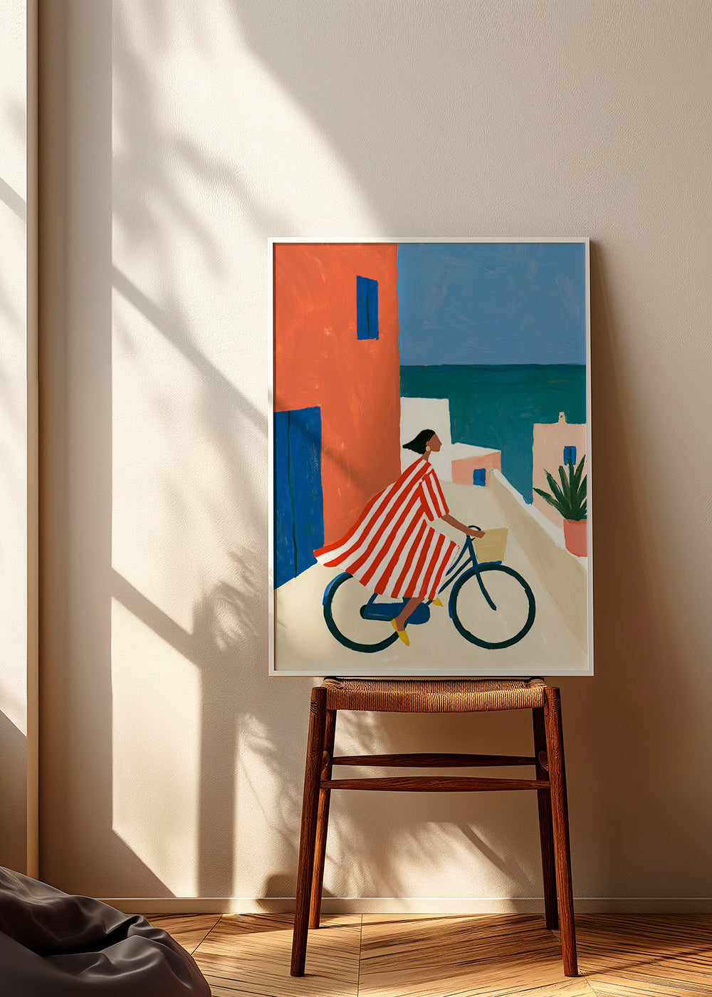 Landscape art with cyclist by the sea