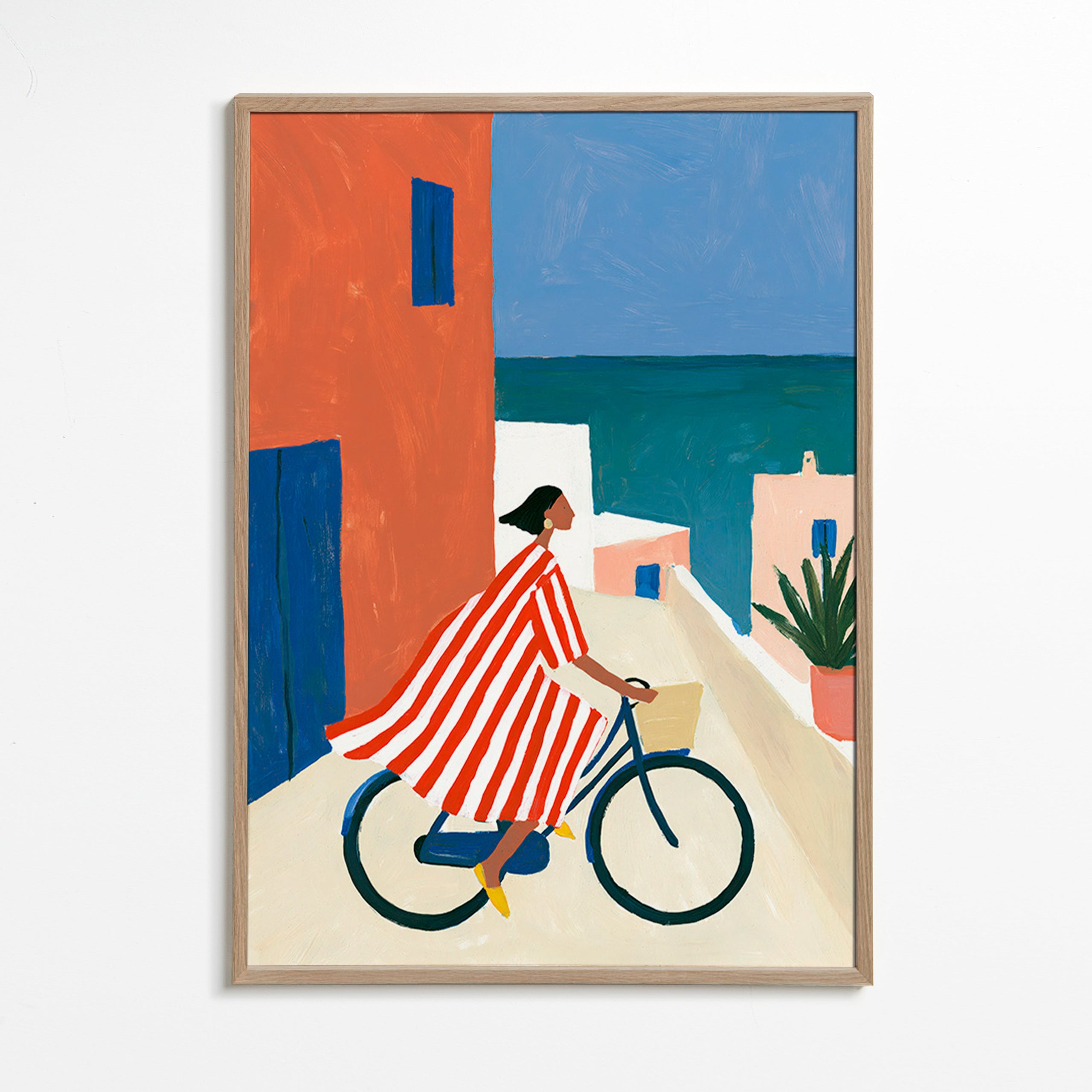 Landscape art with cyclist by the sea
