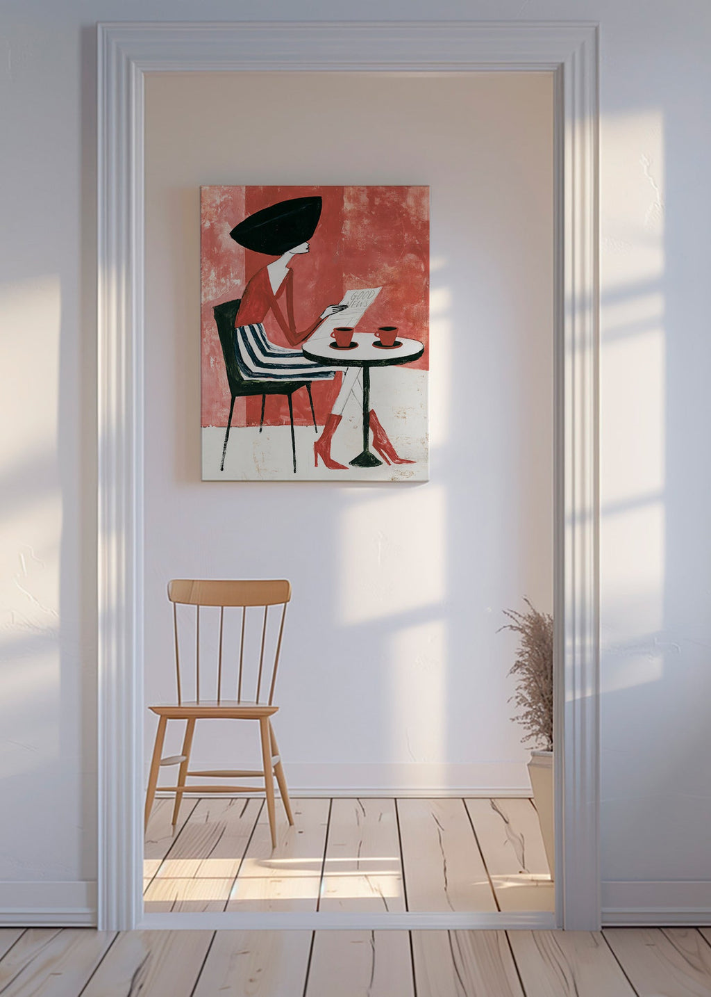 Kitchen art: woman with coffee