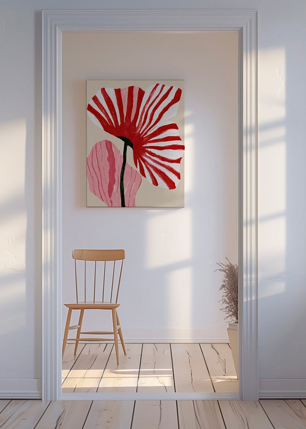 Botanical print with red striped petals