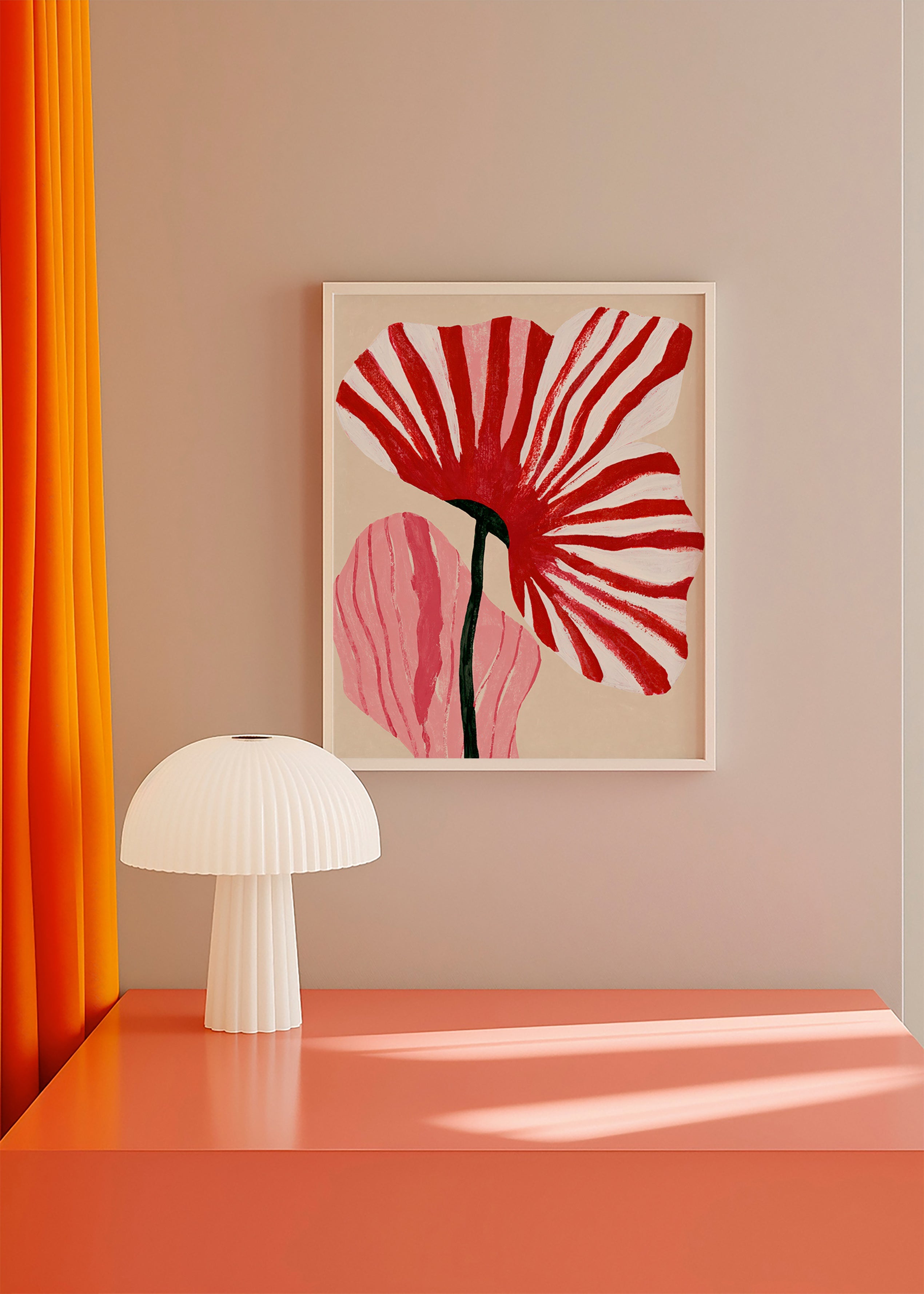 Botanical print with red striped petals