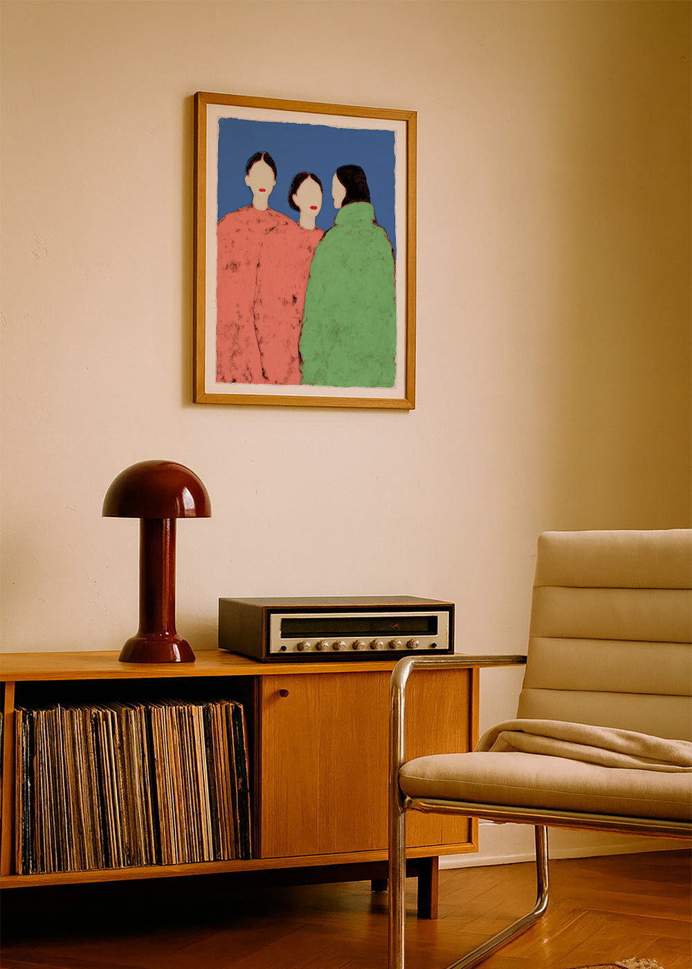 Illustration of three stylized figures on blue background