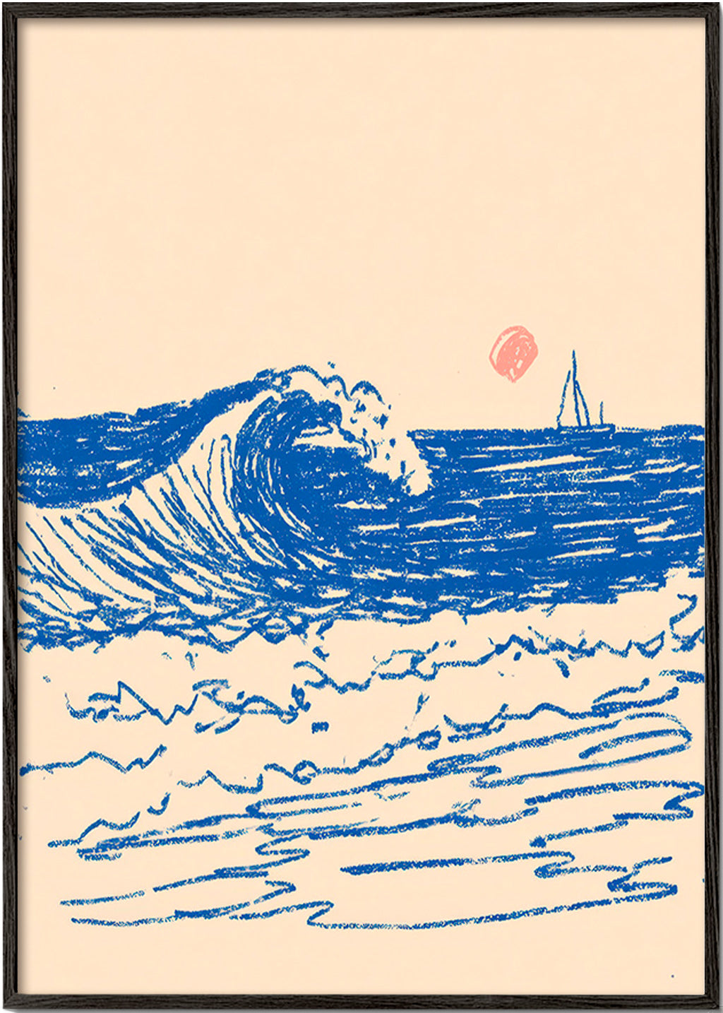 Landscape art with sketched wave and sailboat