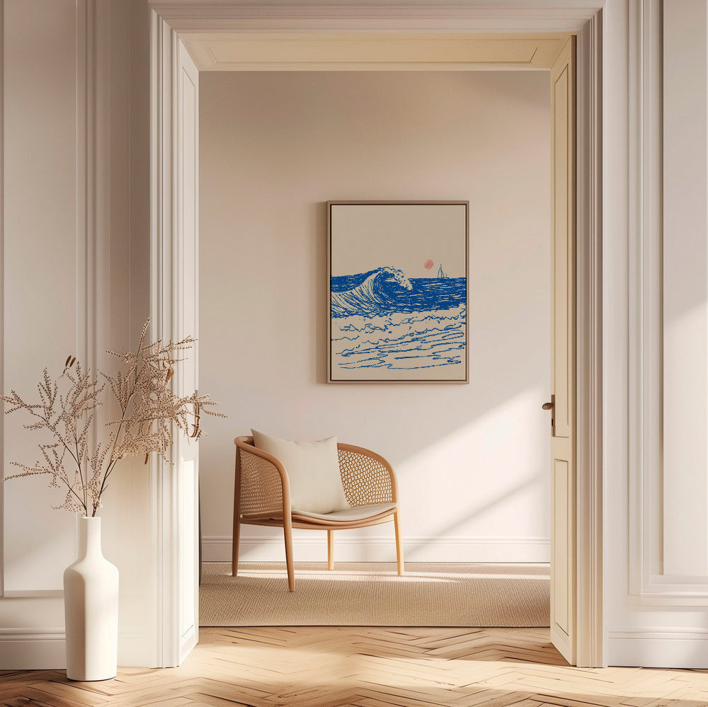Landscape art with sketched wave and sailboat