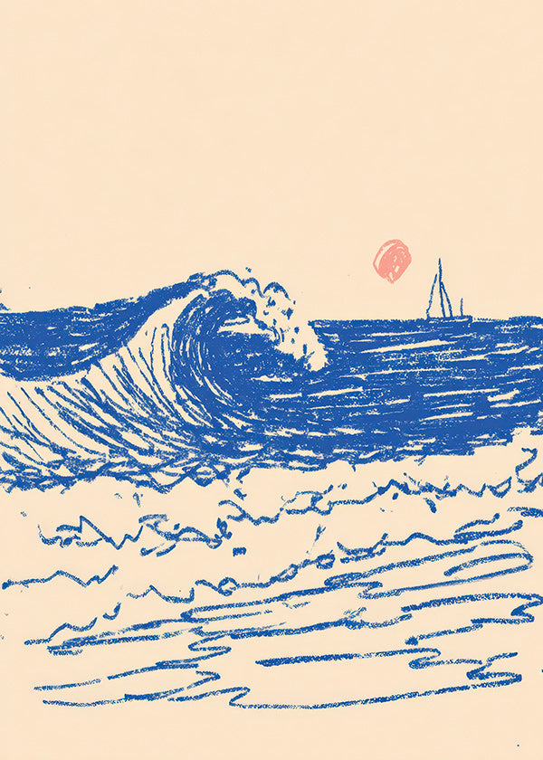 Landscape art with sketched wave and sailboat