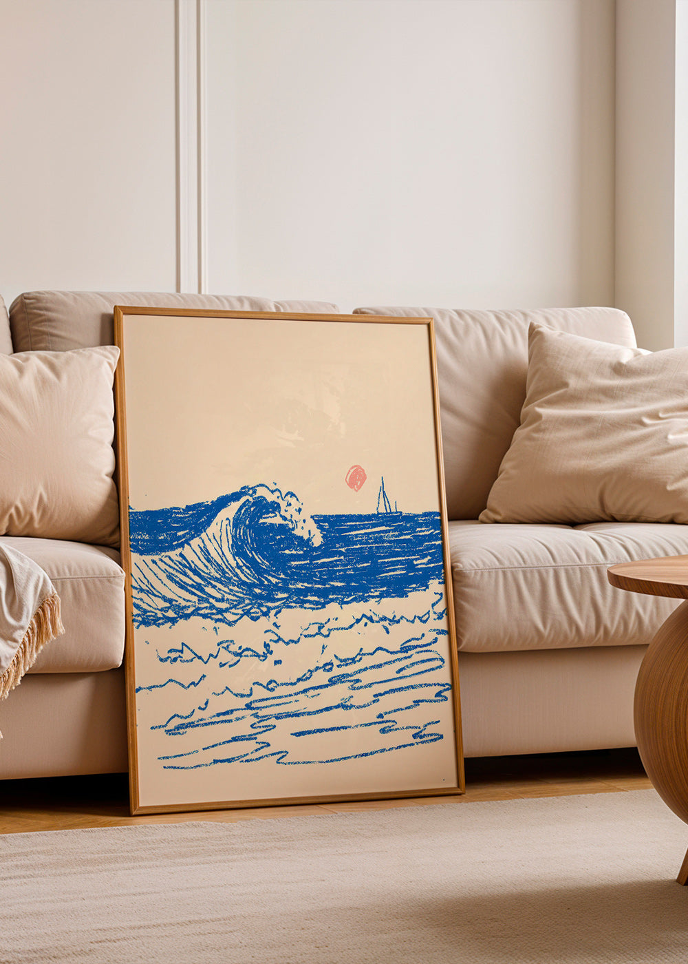 Landscape art with sketched wave and sailboat