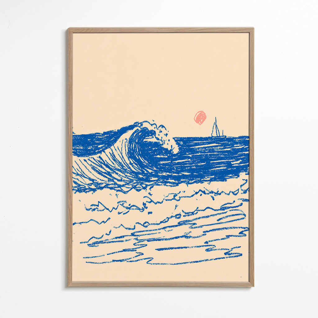 Landscape art with sketched wave and sailboat