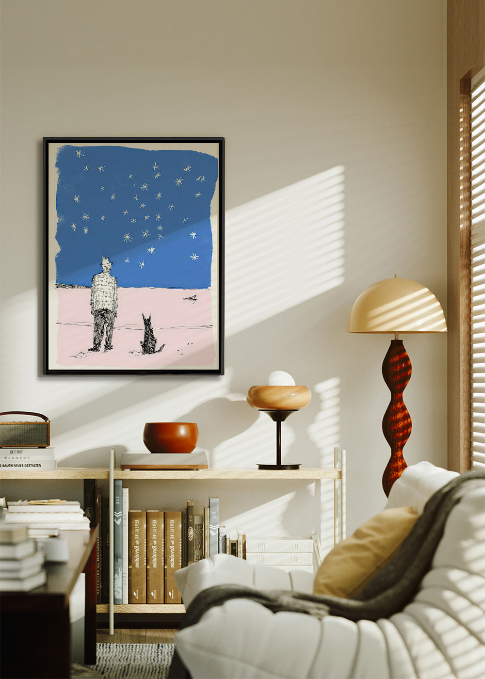 Illustration: man and dog under stars