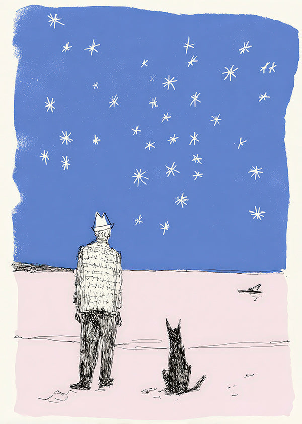 Illustration: man and dog under stars