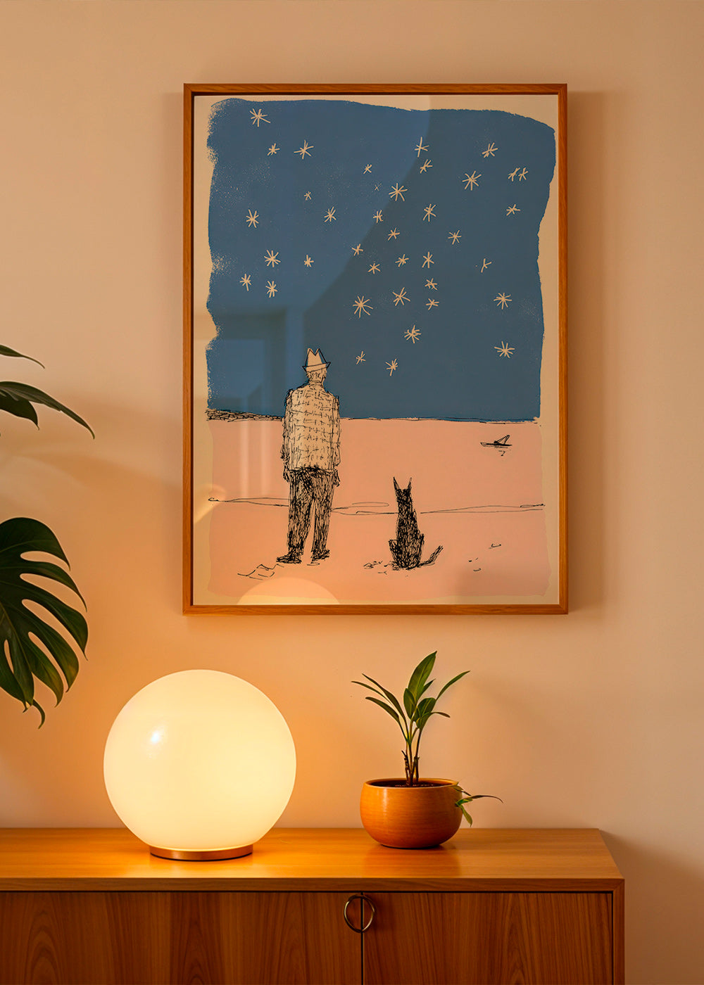 Illustration: man and dog under stars