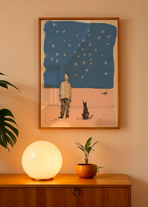 Illustration: man and dog under stars