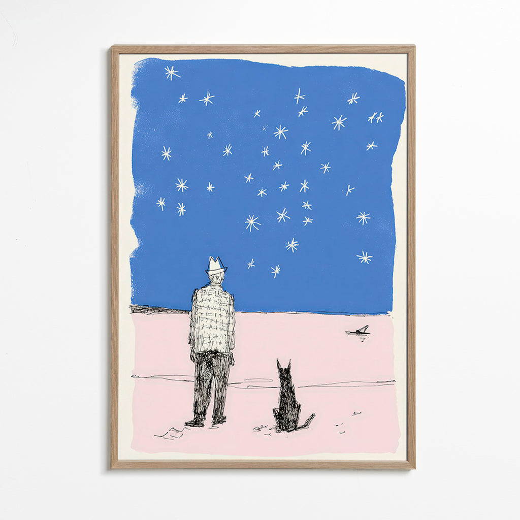 Illustration: man and dog under stars