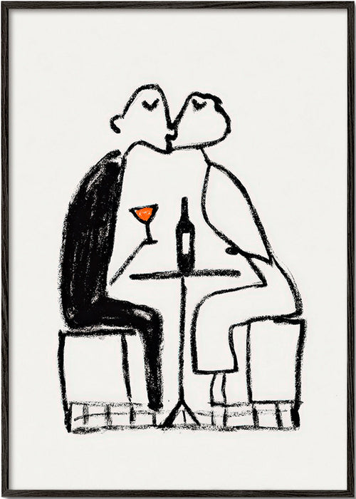 Kitchen art: couple sharing a wine