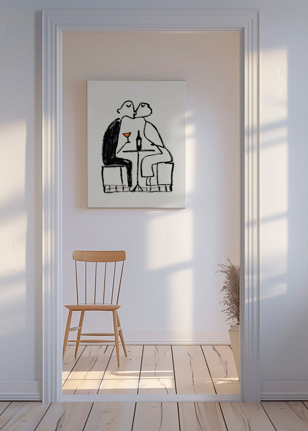Kitchen art: couple sharing a wine